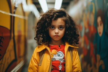 Portrait of a little girl with curly hair in a yellow raincoat on a background of graffiti