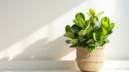 Elegant green ficus lyrata plant in straw flower pot 