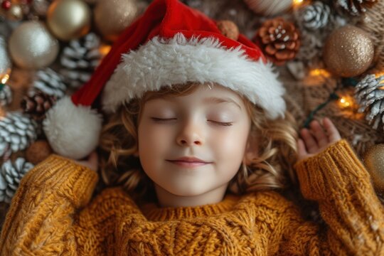 A child in a Santa hat sleeps under a Christmas tree adorned with ornaments
