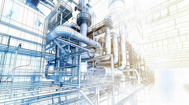 Blue-Toned Illustration of Industrial Pipes and Equipment, Emphasizing the Technological Backbone of Factories and Energy Facilities