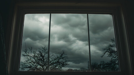 Fototapeta premium As I gaze out the window, a mesmerizing scene unfolds before me. The sky is shrouded in a blanket of charcoal-gray clouds, heavy with impending rain. The atmosphere is charged with anticipation.
