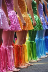 a group of women are standing in a row wearing rainbow colored dresses