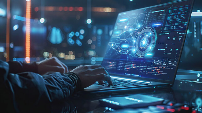 Data scientist, Programmer using laptop analyzing financial data on futuristic virtual interface. Algorithm. Global business development, strategy and planning, digital technology