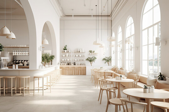 Interior design of cafe with wooden vintage style, decorated with warm and cozy tones, relaxing tones with classic old wood round corner counter and coffee machinery.