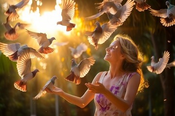 grandmother feeds pigeons in the park, sunlight - obrazy, fototapety, plakaty
