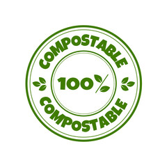 100% compostable stamp. Compostable Ecology icon. Natural products sticker, label, badge and logo template with green leaves for organic and eco friendly products.