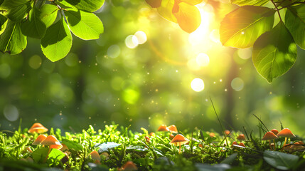 Bright forest clearing with close-up view of wildlife mushrooms and green fresh leaves, perfect for nature-themed designs and backgrounds.