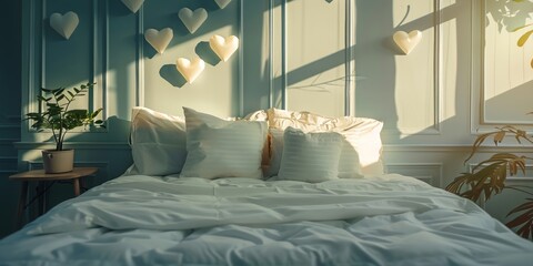 Cozy bedroom with heart-shaped paper decorations and soft lighting creating a romantic atmosphere