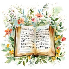 Cute watercolor illustration of a classic Christian hymn book surrounded by spring flowers - obrazy, fototapety, plakaty