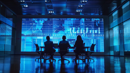 Silhouetted figures of a professional team sit in front of a large screen displaying financial graphs in a high-tech control room environment at night.