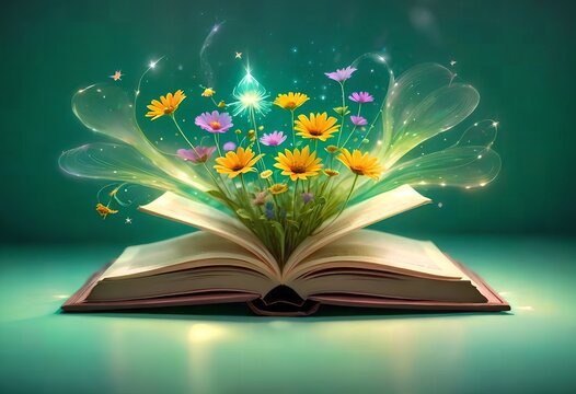 open book with a bouquet of wildflowers in a magical style on a green background.