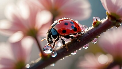 Ladybug on a branch of a blossoming tree in spring.