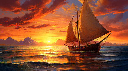 Fisherman ships sailboat with oil paintings at sunset - obrazy, fototapety, plakaty