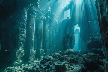 Ancient ruins underwater sea life encrusted shimmering light