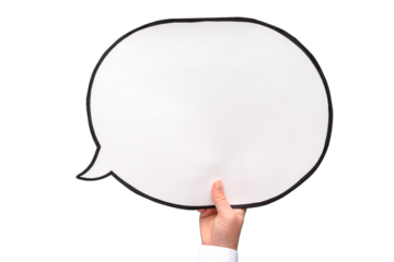 Empty speech bubble in hand wearing white shirt on a transparent background. Comic cloud with a place for text