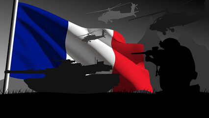 France is ready to enter into war, silhouette of military vehicles with the country's flag waving