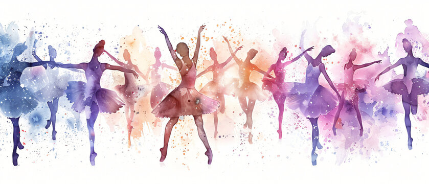 A group of ballerinas in watercolor on a white background