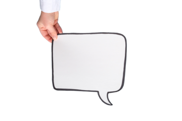Empty speech bubble in hand wearing white shirt on a transparent background. Comic cloud with a place for text