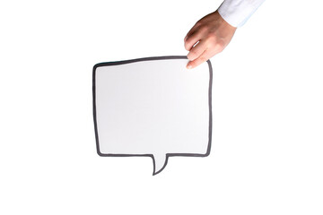 Empty speech bubble in hand wearing white shirt on a transparent background. Comic cloud with a...
