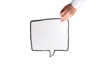 Empty speech bubble in hand wearing white shirt on a transparent background. Comic cloud with a place for text