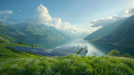 Green Energy. A serene landscape with solar panels by a lake in a valley, surrounded by lush green mountains under a blue sky with fluffy clouds.