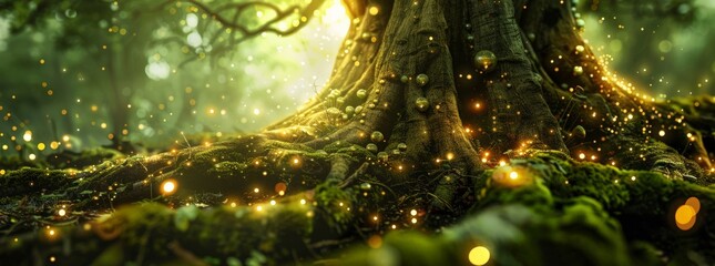 Ancient tree sprawling roots forest sprites dancing magical orbs of light close-up vibrant green - obrazy, fototapety, plakaty
