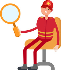 Firefighter Character Sitting and Holding Magnifier
