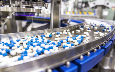 Obraz premium Pharmaceutical factory assembly line,created with Generative AI tecnology.