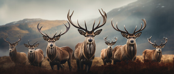 A group of deer standing next to each other on a field - obrazy, fototapety, plakaty