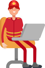 Firefighter Character Working on Laptop
