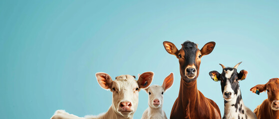 A group of farm animals standing in front of a blue background