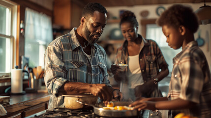 Black African American family gathered in their cozy kitchen. The central figure is the father, who stands at the stove, deftly cooking breakfast - obrazy, fototapety, plakaty