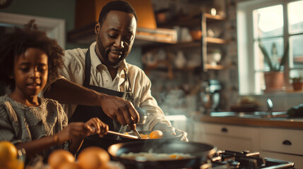Black African American family gathered in their cozy kitchen, a place where love and nourishment intertwine - obrazy, fototapety, plakaty
