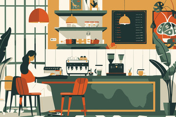 Woman work Remote from Cafe Illustration