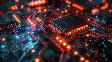 Fototapeta premium Close-up of a circuit board with illuminated red and blue lights highlighting the intricate pathways and electronic components, suggestive of high-tech computing or advanced technology concepts.