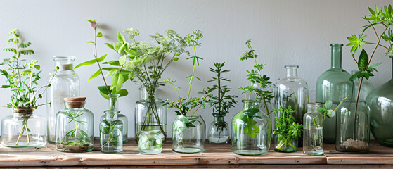 A group of glass vases filled with plants and plants 