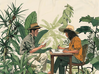 A retro-inspired illustration depicts two people having tea outdoors in a tropical plant setting