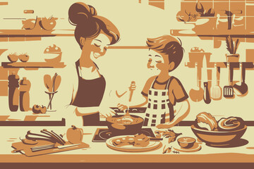 mother and child baking vector