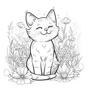 Black and white illustration for coloring animals, cat