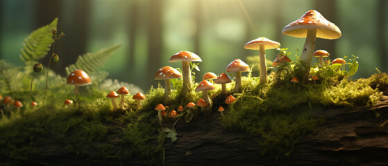 A group of mushrooms sitting on top of a lush green fi - obrazy, fototapety, plakaty