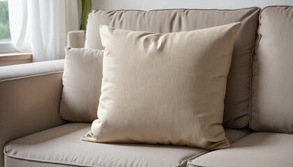 Fototapeta na wymiar Close-up of beige earth tone pillow cushion set arrange on sofa couch in living room interior design home sweet home ideas concept