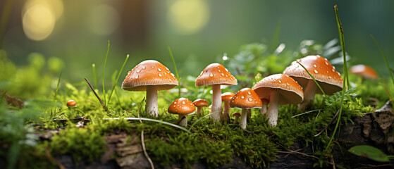 A group of mushrooms sitting on top of a lush green fi - obrazy, fototapety, plakaty
