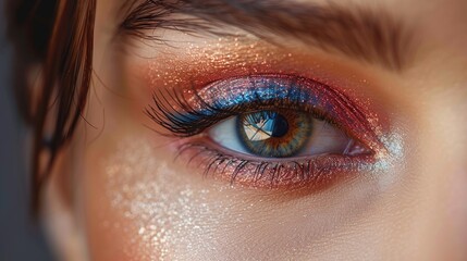 Close-up of a brunette woman's eyes with evening makeup Colorful pink and blue smokey eyes. Studio shot.