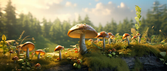 A group of mushrooms sitting on top of a lush green fi
