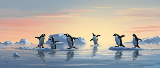 A group of penguins jumping out of the water onto an i