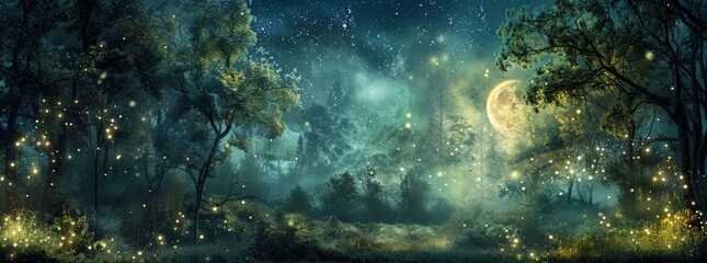 Enchanted forest clearing fairy circle midnight starlit sky soft moonlight mystical ambiance