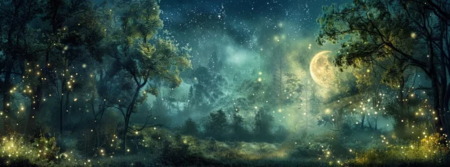 Fotobehang Enchanted forest clearing fairy circle midnight starlit sky soft moonlight mystical ambiance © arhendrix