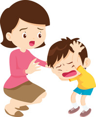 Comforting sad children with parent or teacher