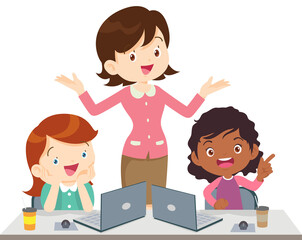 happy teacher and student learning computer