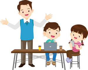 happy teacher and student learning computer